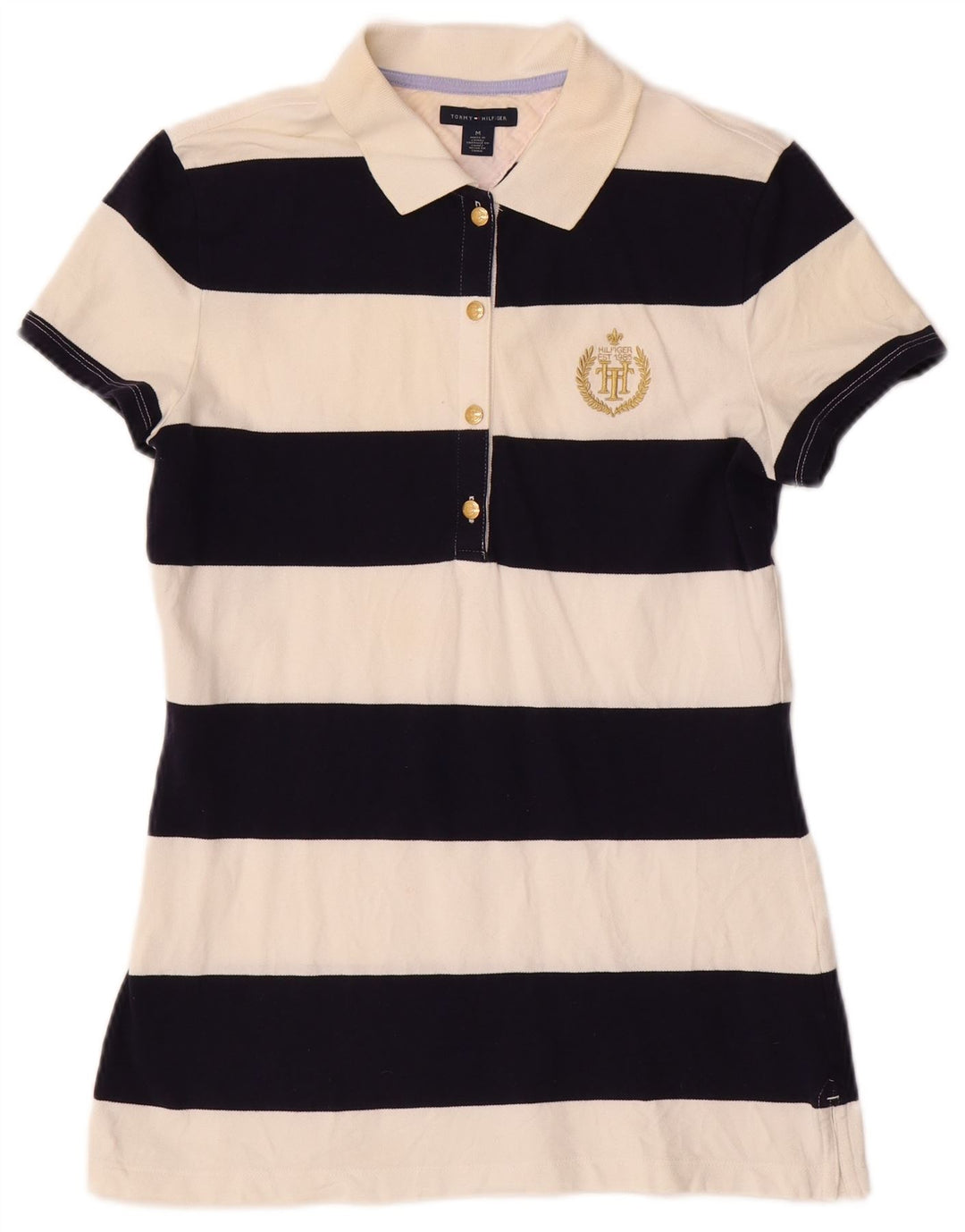 TOMMY HILFIGER Polo Femme UK 12 Medium Off White Rayé Coton
