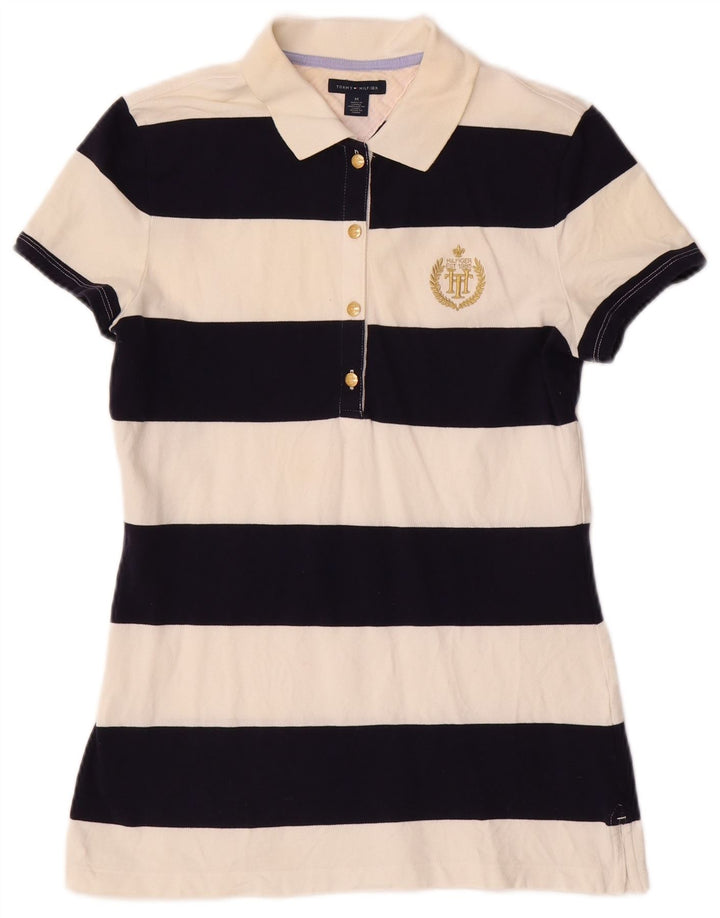 TOMMY HILFIGER Polo Femme UK 12 Medium Off White Rayé Coton
