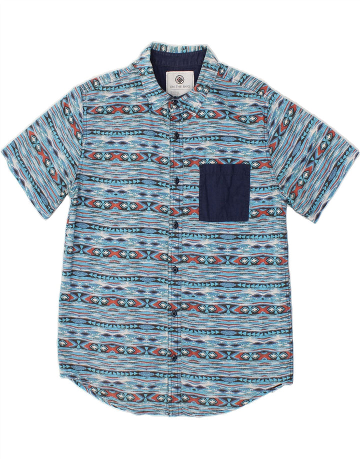 VINTAGE Chemise à manches courtes pour homme en coton rayé bleu moyen