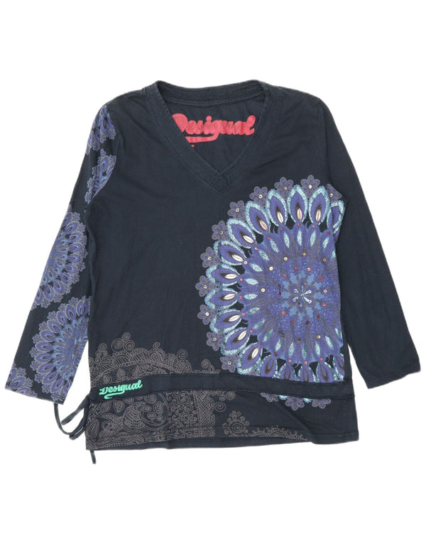 Desigual Femme Graphic Top Manches Longues UK 18 XL Bleu Marine Floral