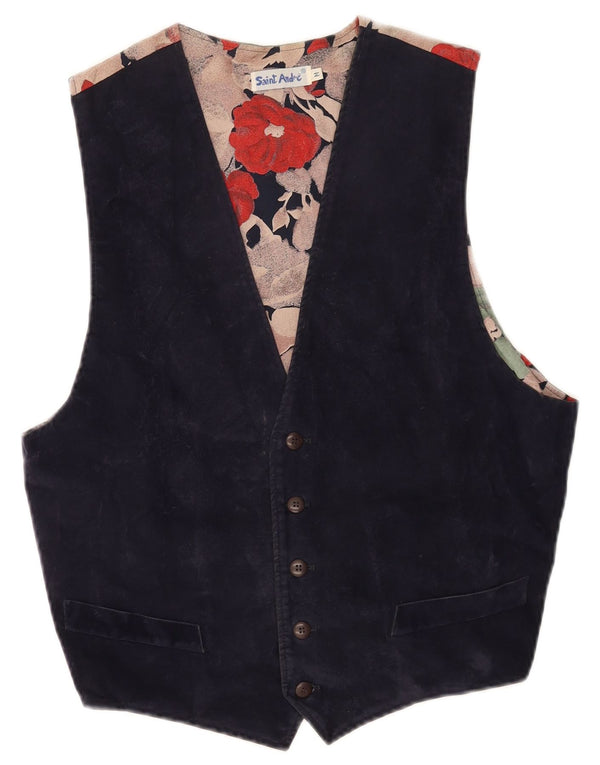 gilet en daim femme vintage UK 14 moyen bleu marine floral
