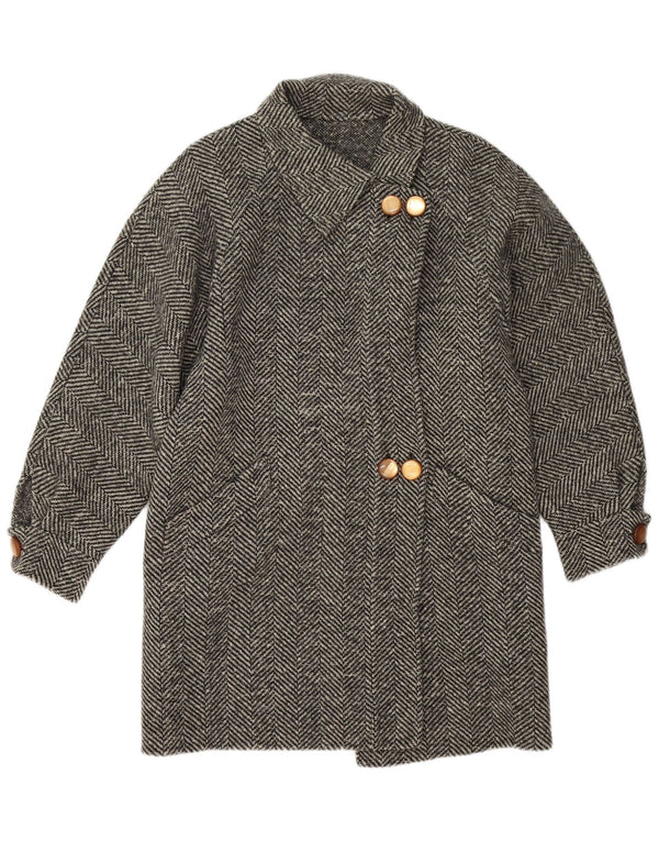 vintage Womens Overcoat UK 14 Moyen Gris Chevrons