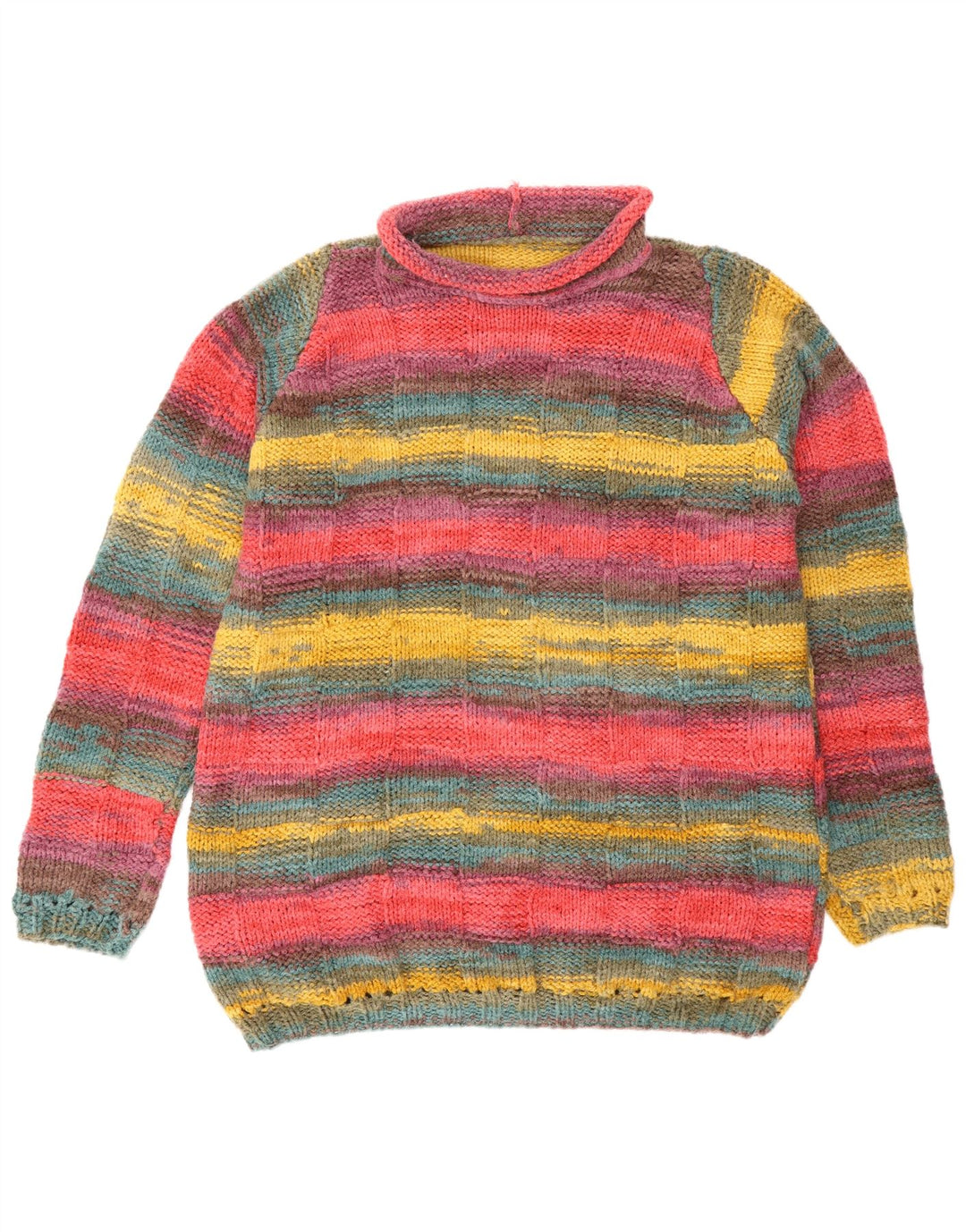 vintage Mens Roll Neck Jumper Pull Grand Multicolore Rayé