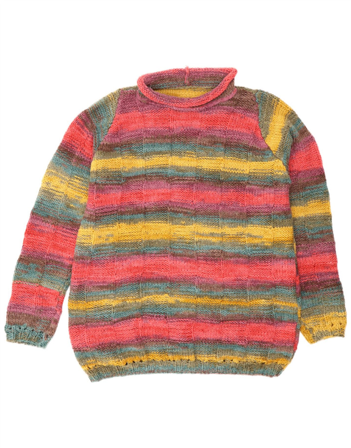 vintage Mens Roll Neck Jumper Pull Grand Multicolore Rayé