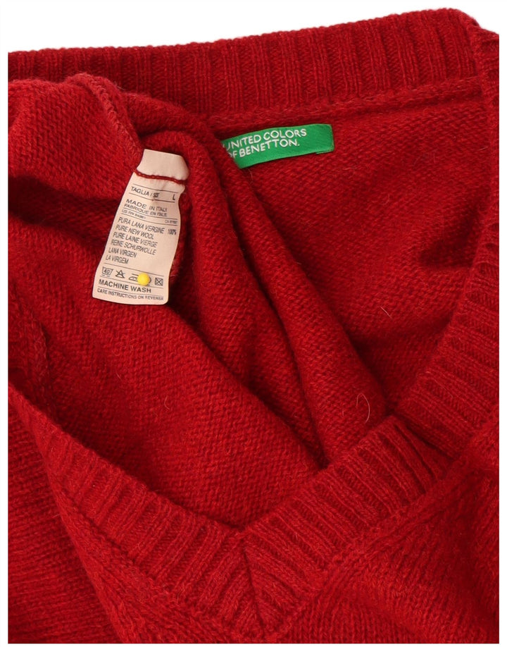 Benetton Pull Col V Homme Laine Vierge Rouge Large