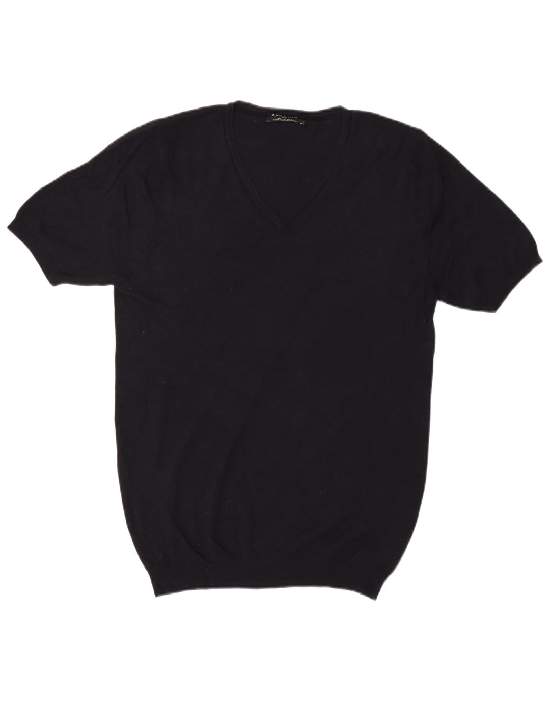 Zara Pull basique à manches courtes et col en V pour homme, grand, bleu marine, viscose