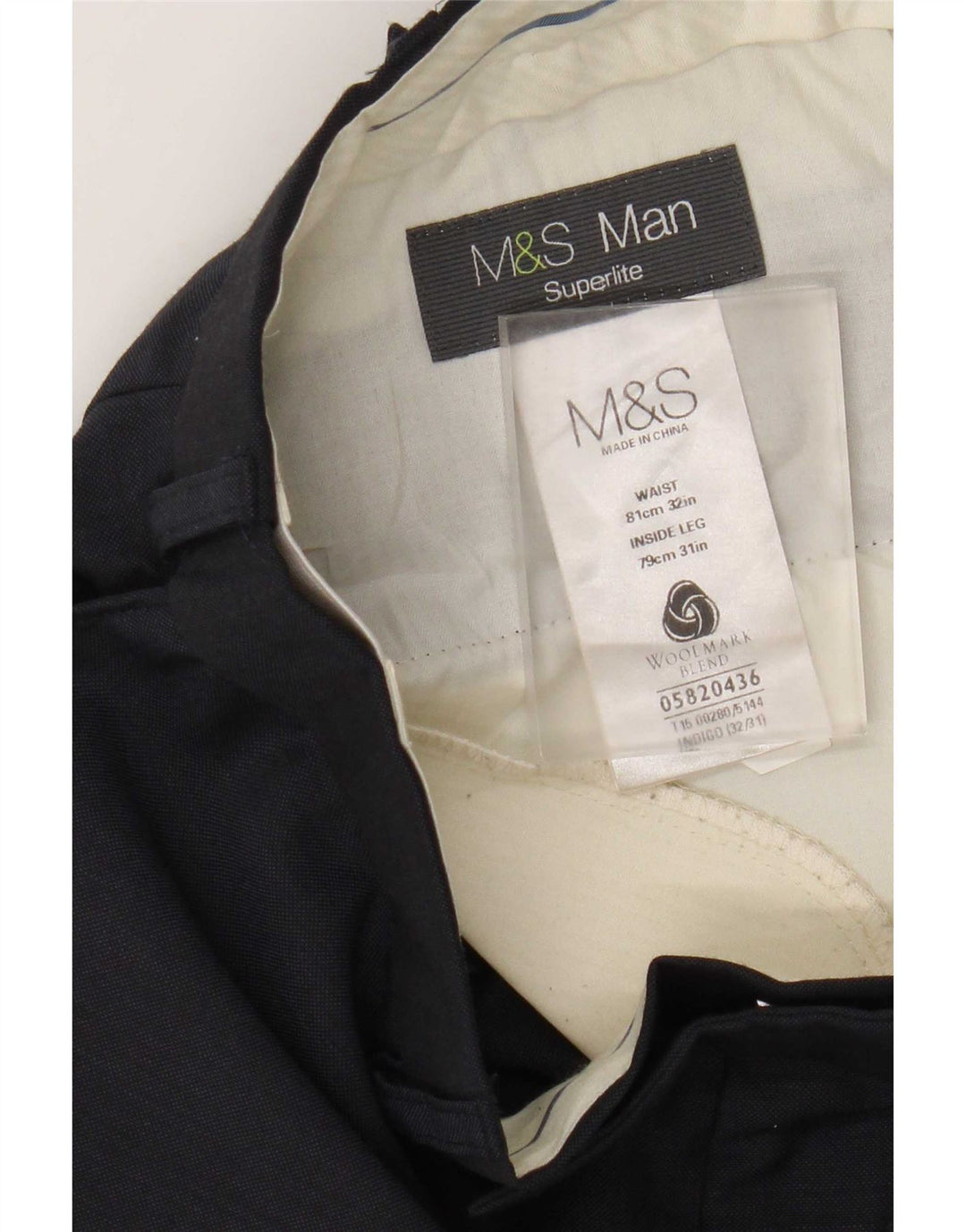 Marks & Spencer Pantalon de Costume Droit Homme W32 L31 Laine Bleu Marine