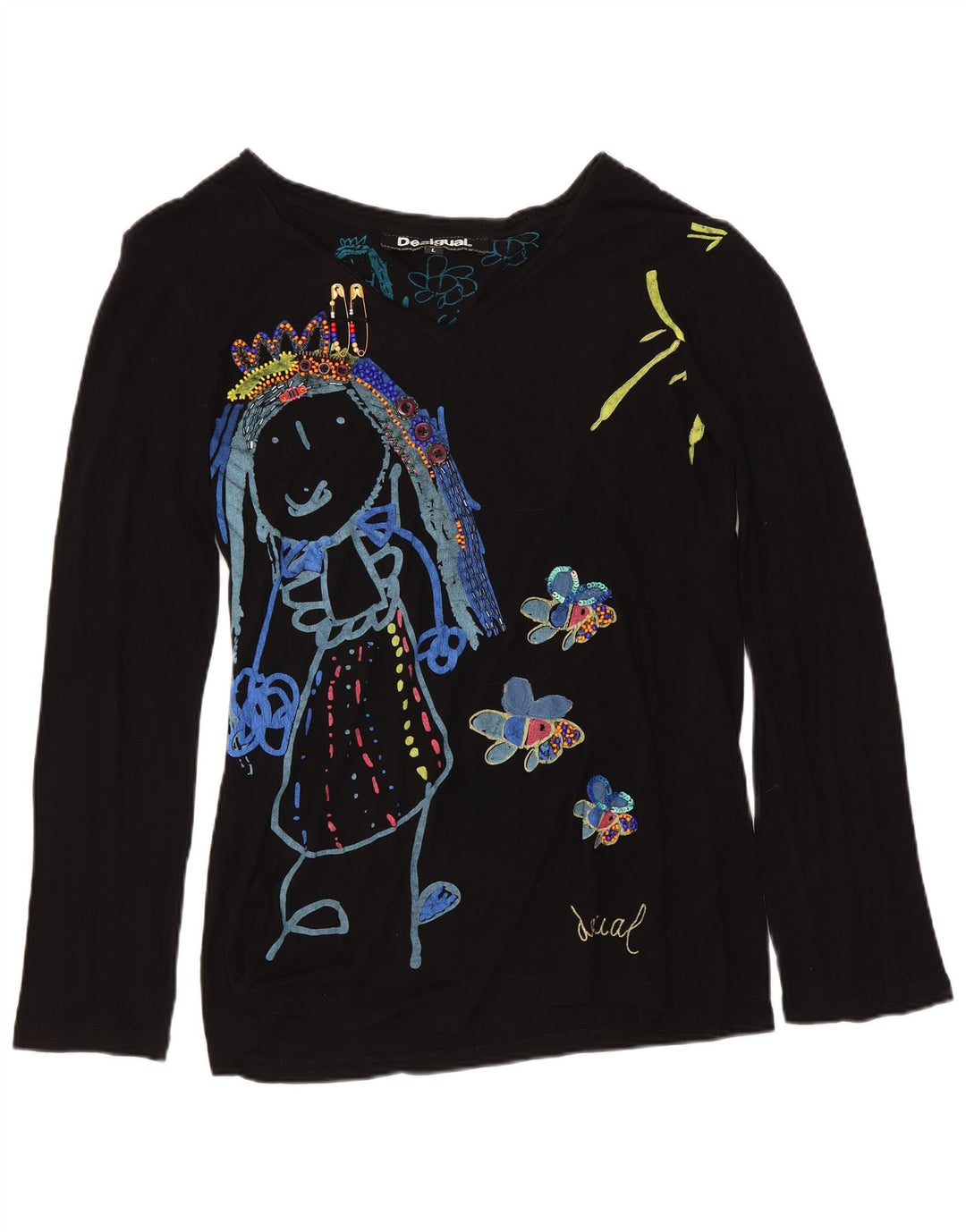 DESIGUAL Haut graphique à manches longues pour femme UK 16 Large Noir