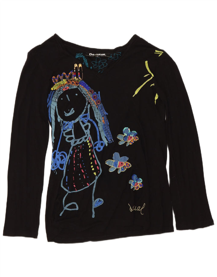 DESIGUAL Haut graphique à manches longues pour femme UK 16 Large Noir