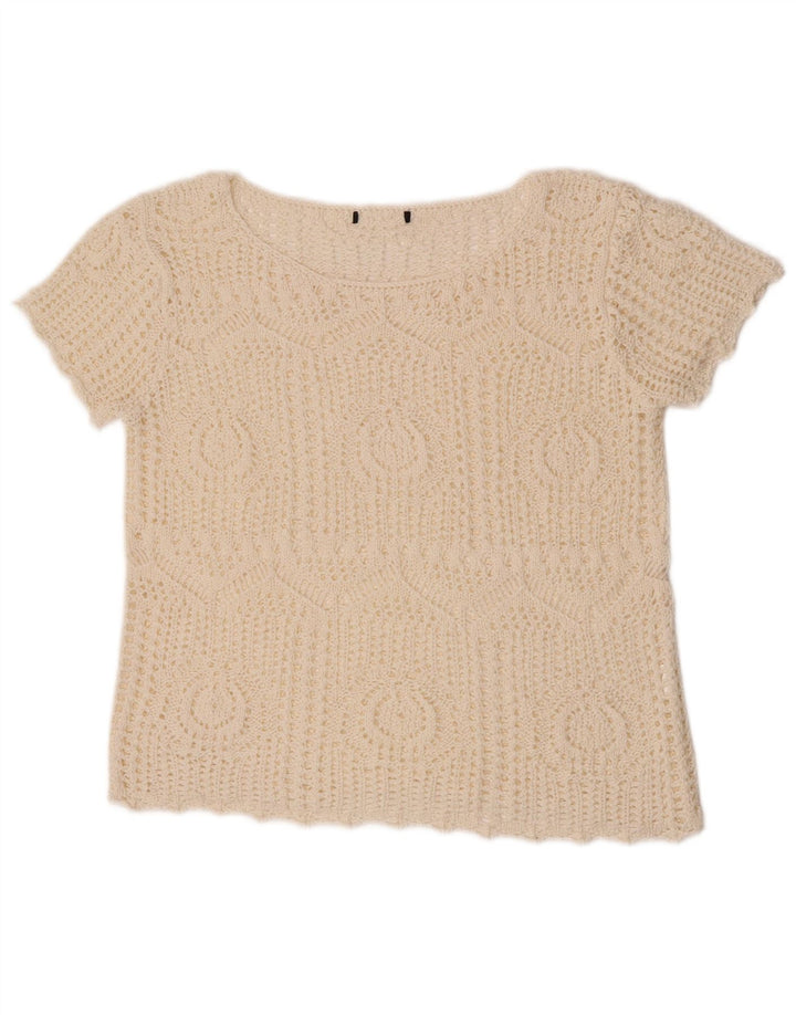 vintage Femmes Crop Crochet Blouse Top UK 12 Moyen Off White