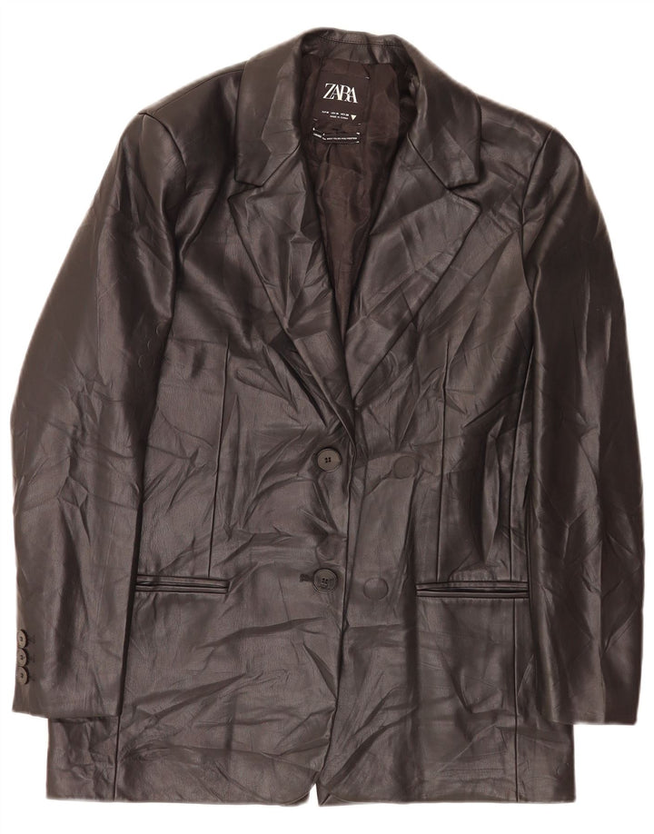 Zara Veste blazer en simili cuir à 2 boutons pour femme UK 14 Noir moyen classique