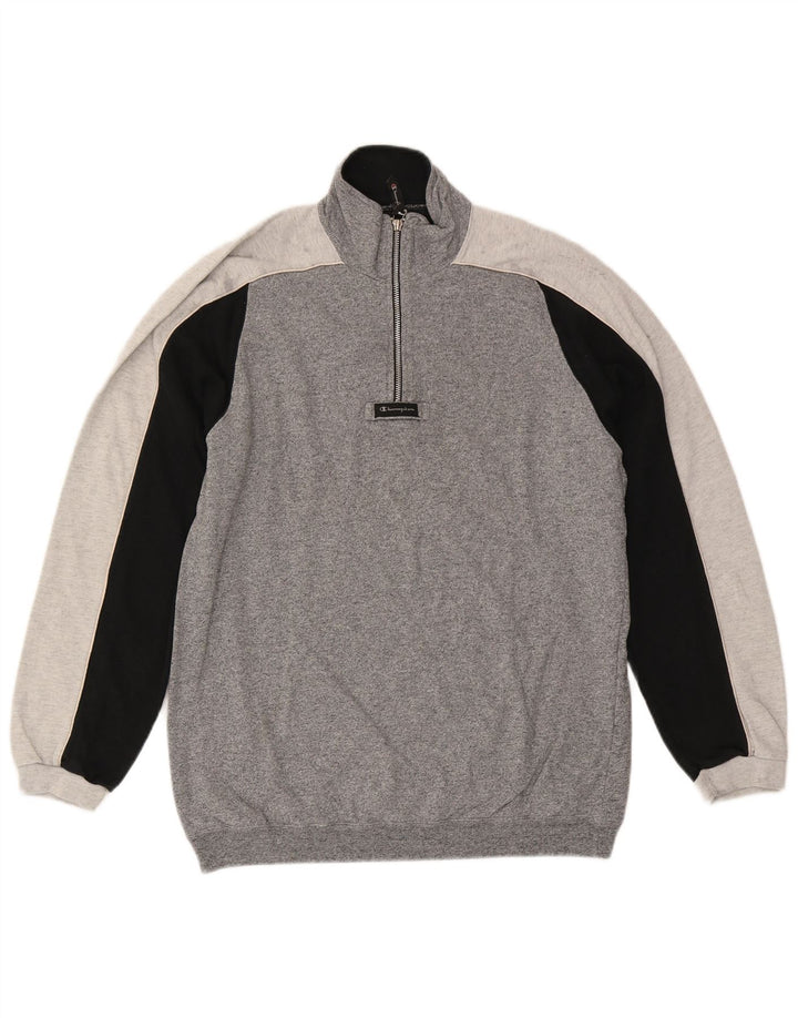 CHAMPION Sweat-shirt à col zippé pour homme, grand, gris, color block, en coton