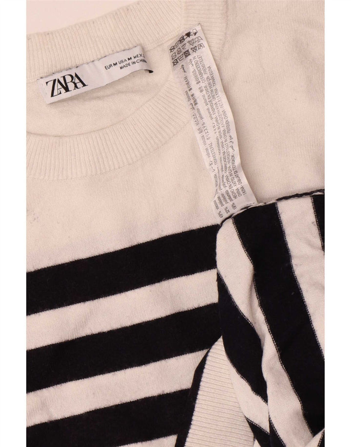 Zara Pull surdimensionné à col rond pour femme UK 14 Rayé blanc moyen