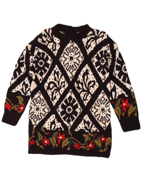 vintage Womens Handmade Crew Neck Jumper Pull UK 14 Moyen Noir Floral