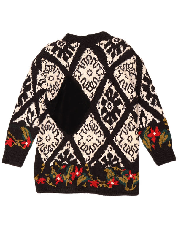 vintage Womens Handmade Crew Neck Jumper Pull UK 14 Moyen Noir Floral