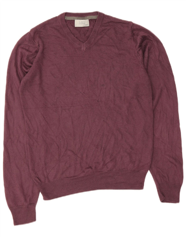 Marks & Spencer Pull coupe classique à col en V pour homme, petit, bordeaux