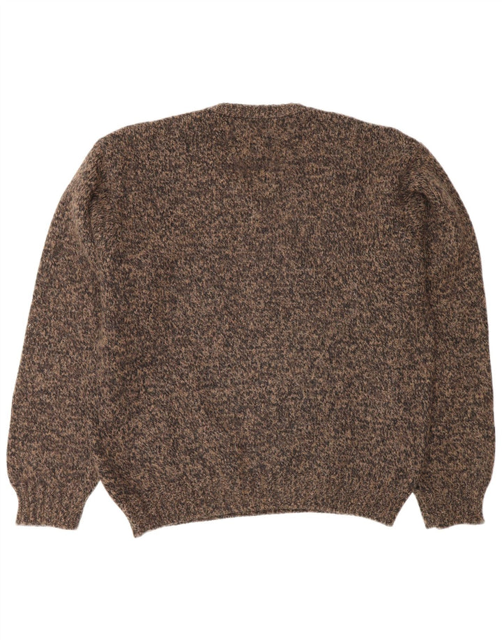 vintage Homme Col V Jumper Pull XL Marron Moucheté Laine