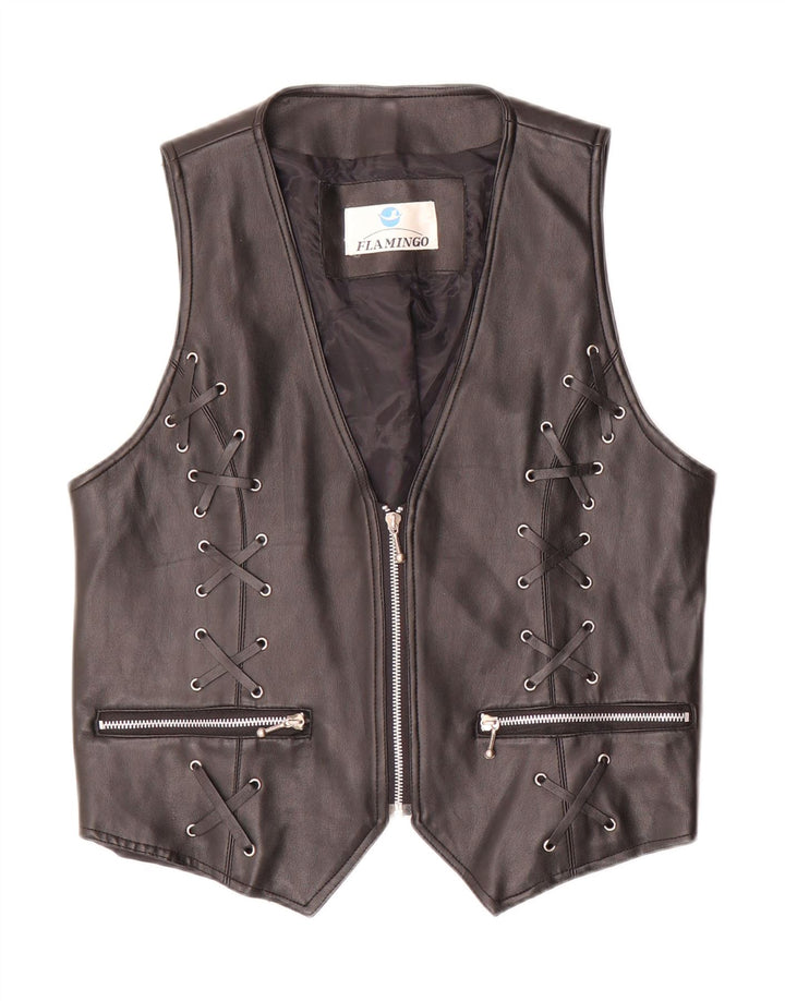 gilet en cuir femme vintage UK 20 2XL Noir