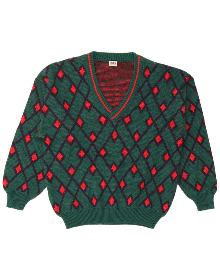 VINTAGE Pull col V homme vert moyen Argyle/Diamond laine