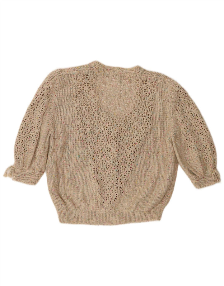 VINTAGE Femme 3/4 Manches Cardigan Pull UK 12 Moyen Beige Moucheté