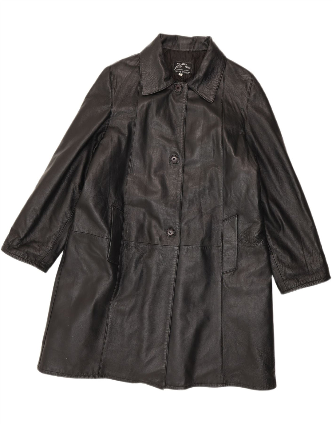vintage Femmes Manteau en cuir surdimensionné UK 10 Petit cuir noir