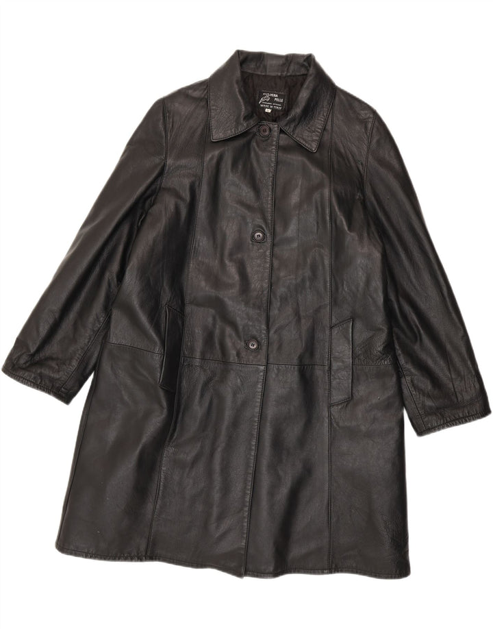 vintage Femmes Manteau en cuir surdimensionné UK 10 Petit cuir noir