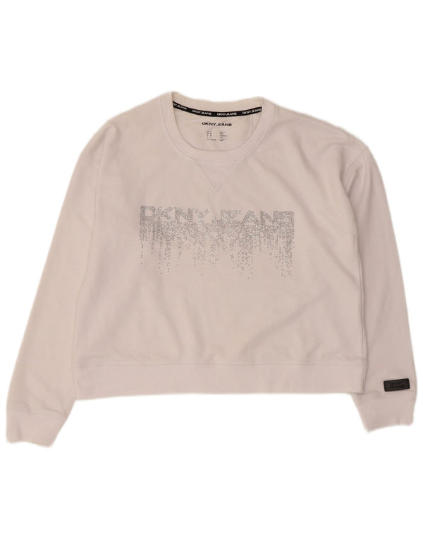 Dkny Sweat-shirt court graphique pour femme UK 14 en coton blanc moyen