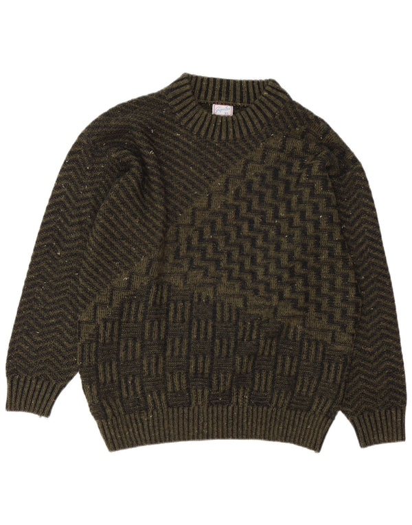 vintage Mens Crew Neck Jumper Pull XL Vert Géométrique Laine