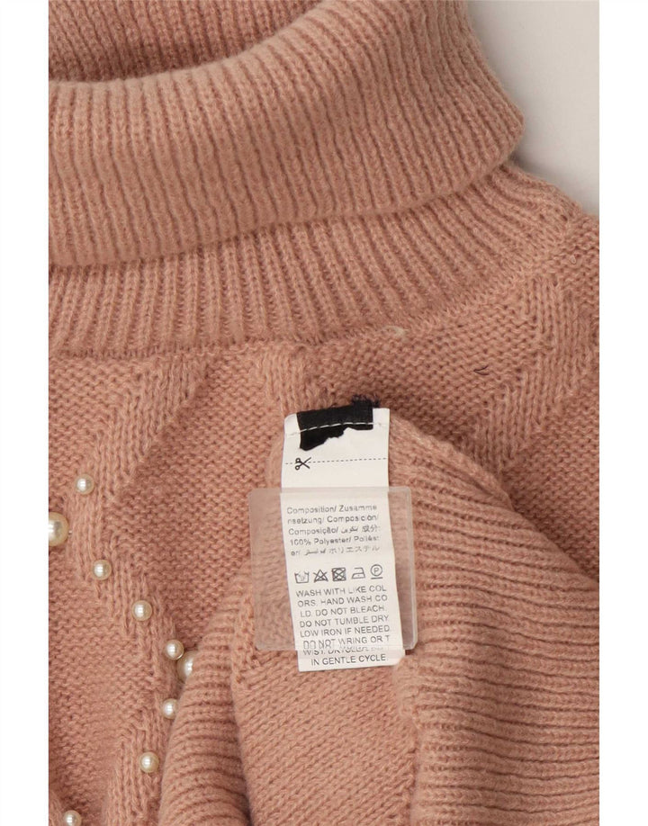 vintage Femmes Crop Roll Neck Jumper Pull UK 14 Polyester Beige Moyen