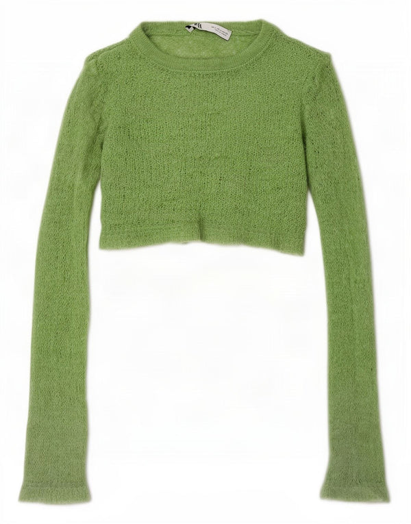 Zara Haut court en tricot à manches longues pour femme UK 8 Petit Vert