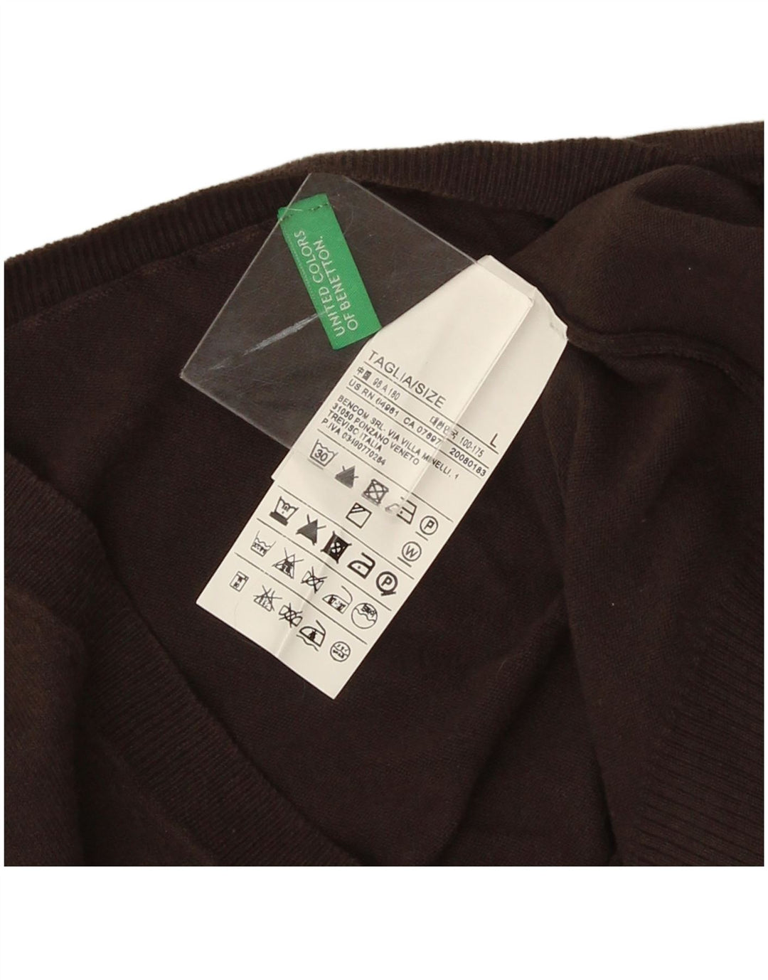Benetton Pull col V pour homme en coton marron Taille L