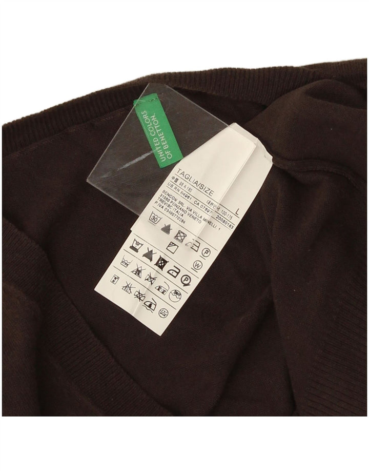Benetton Pull col V pour homme en coton marron Taille L