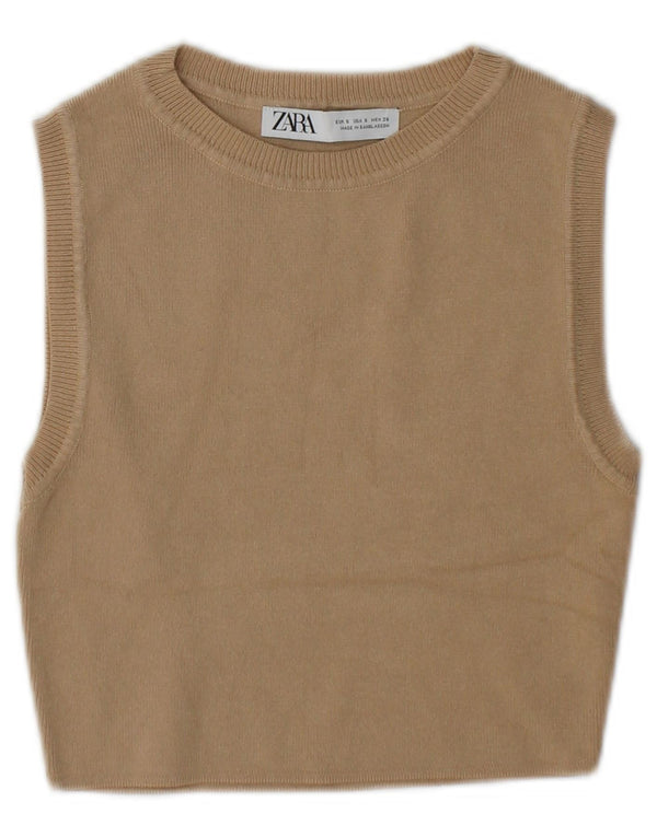 Zara Womens Crop Vest Débardeur UK 10 Petit Viscose Beige