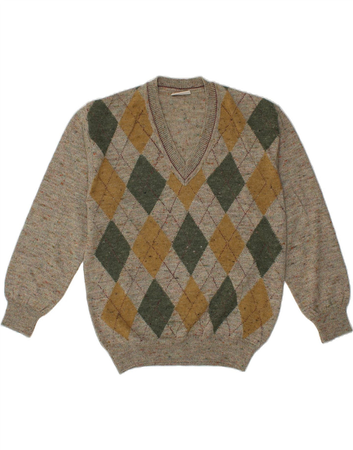 RODES Pull Col V Homme Gris Moyen Argyle/Diamant Laine