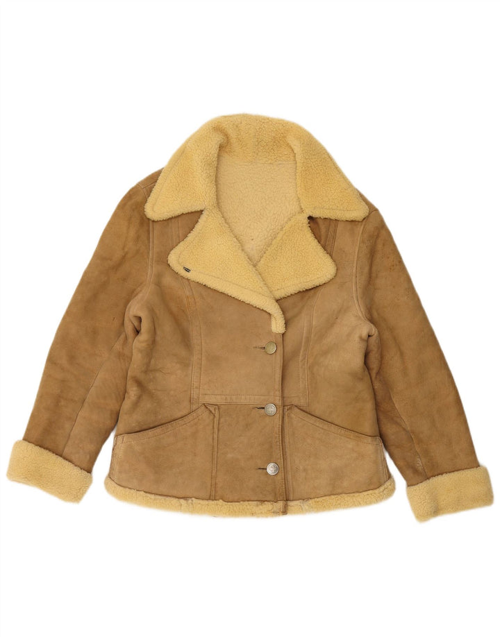 VINTAGE Veste en peau de mouton femme UK 14 Grand Beige