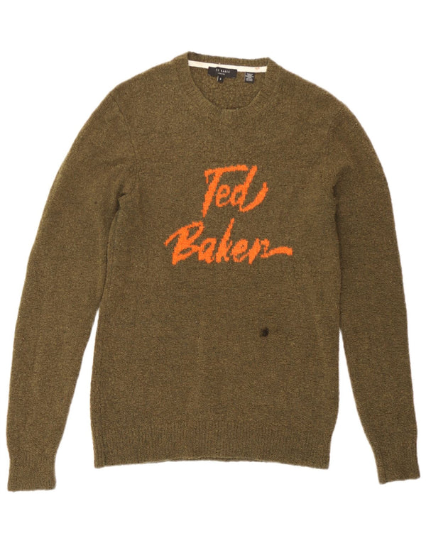 Ted Baker Pull graphique à col rond pour homme Taille 2 Petite laine kaki