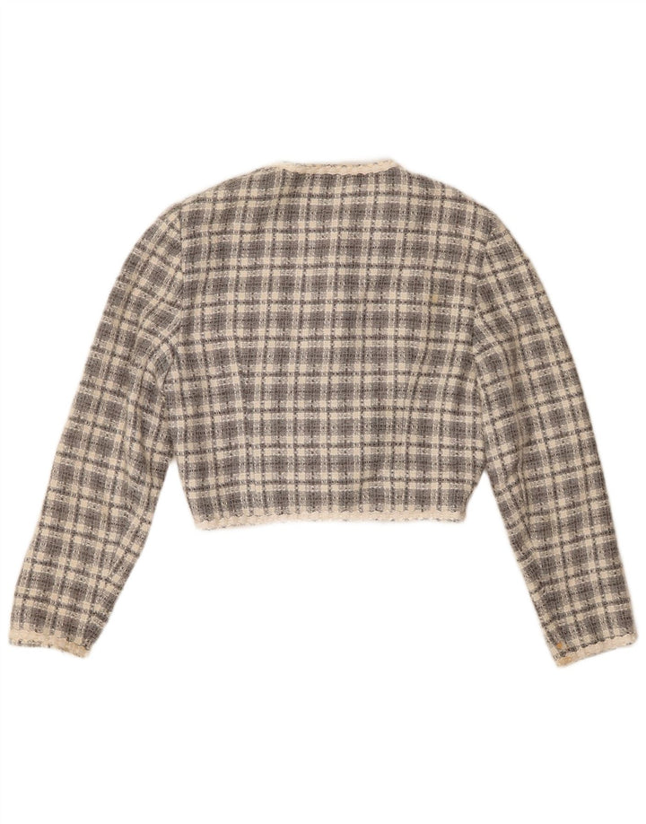 vintage Femme 3 Bouton Boléro Veste EU 36 Petit Gris Check Acrylique