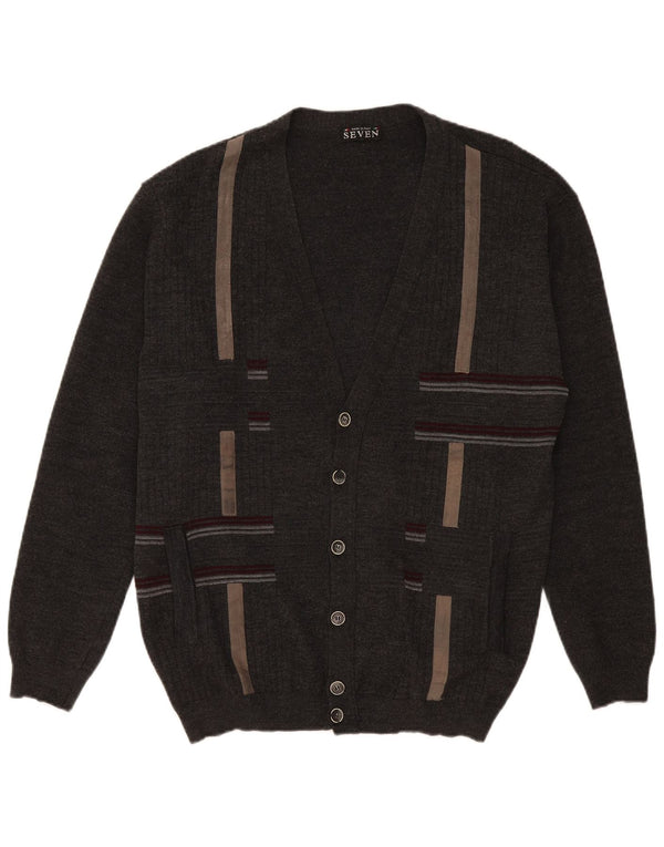 vintage Mens Cardigan Pull XL Gris Rayé Laine