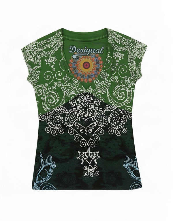 Desigual T-Shirt Graphique Femme UK 6 XS Vert Paisley Viscose