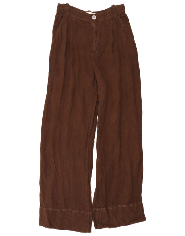 Zara Pantalon Chino Taille Haute Jambe Large Femme XS W24 L30 Lin Marron