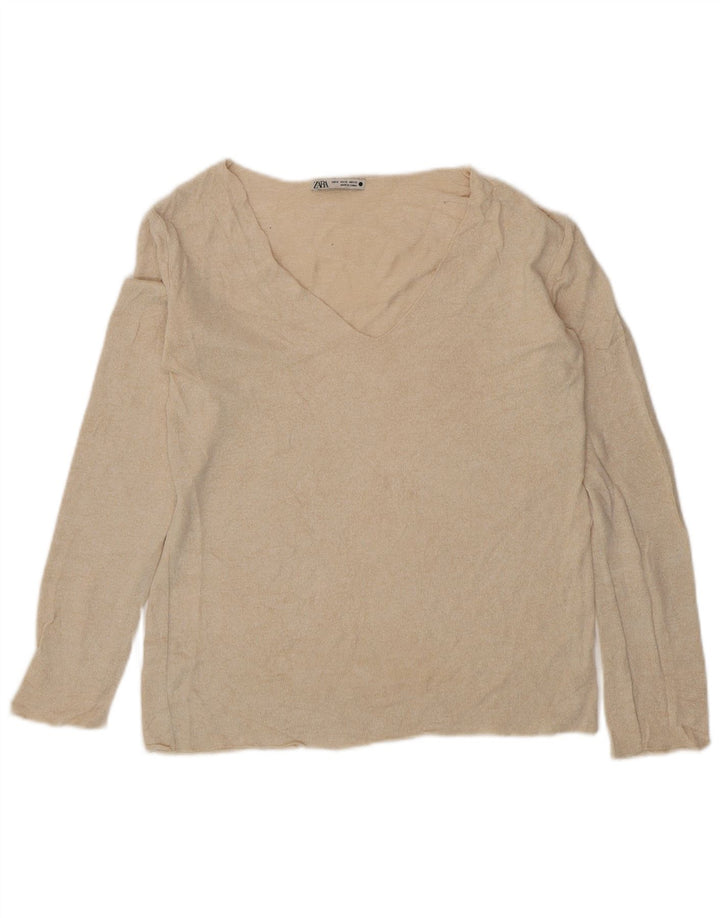 Zara Pull col V femme UK 12 Viscose beige moyen