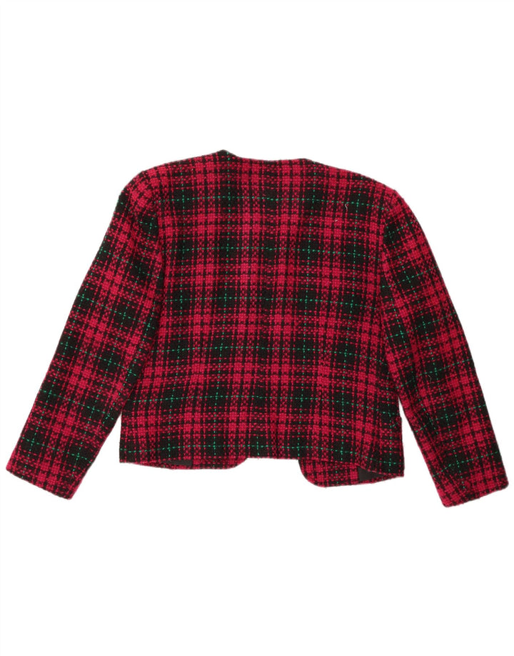VINTAGE Femmes Crop Open Blazer Veste UK 14 Moyen Rouge Check