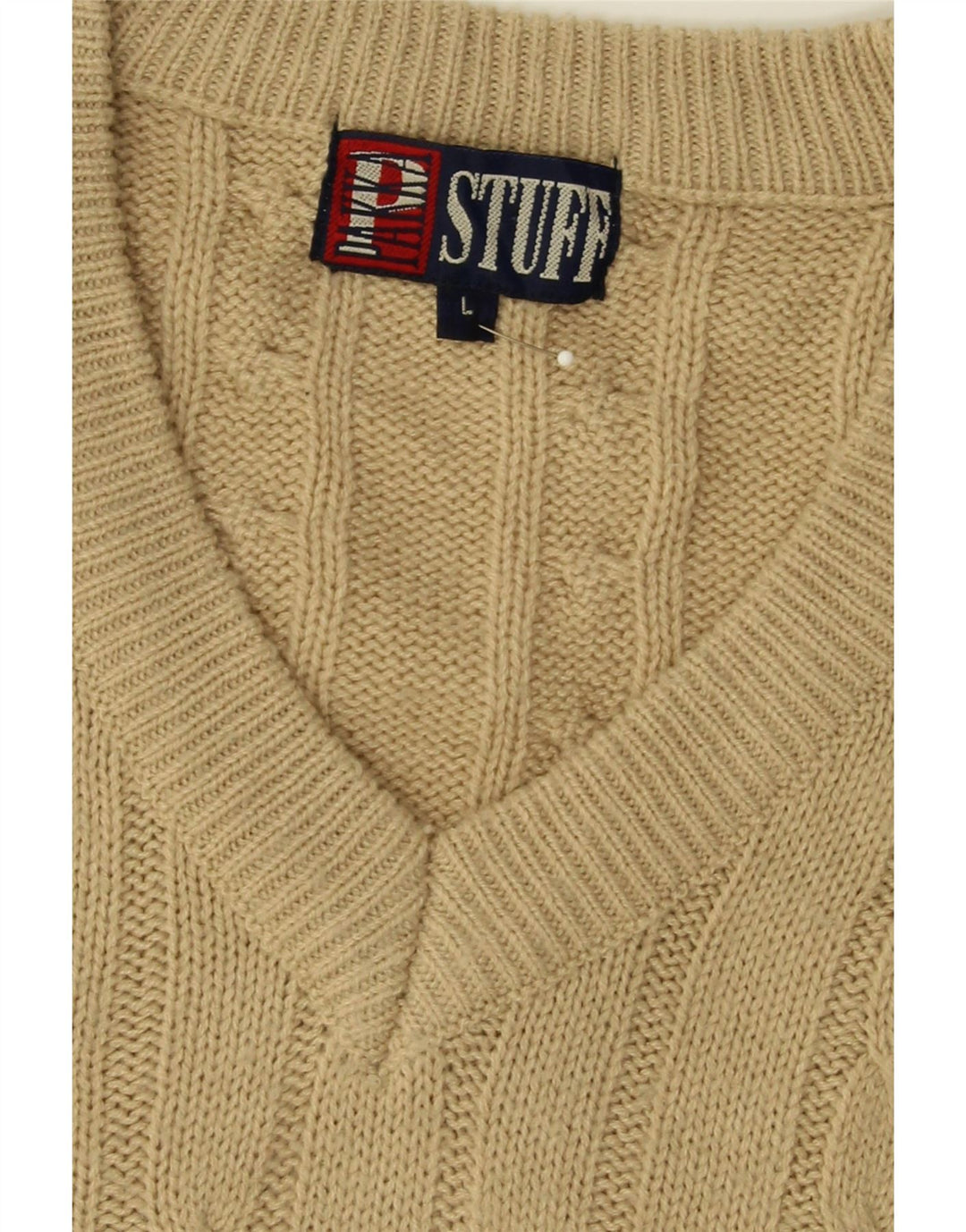 VINTAGE Mens V-Neck Jumper Sweater Large Beige Acrylic Vintage Vintage and Second-Hand Vintage from Messina Hembry 