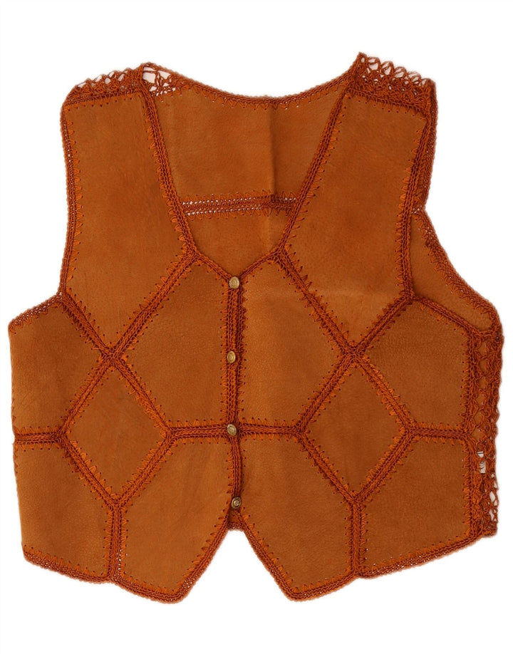 VINTAGE Femmes Crop Suede Gilet UK 14 Medium Brown Patchwork