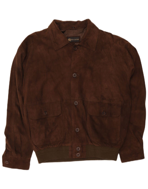vintage Mens Suede Bomber Jacket IT 56 2XL Cuir Marron