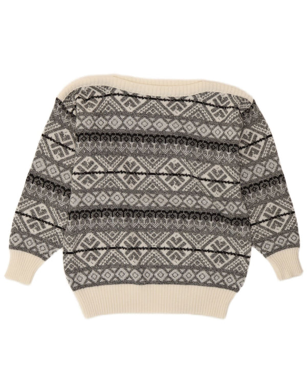 vintage Womens Boat Neck Jumper Pull UK 14 Moyen Gris Géométrique