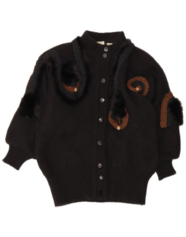 VINTAGE Femmes Motif Abstrait Cardigan Pull EU 42/44 Grand Noir