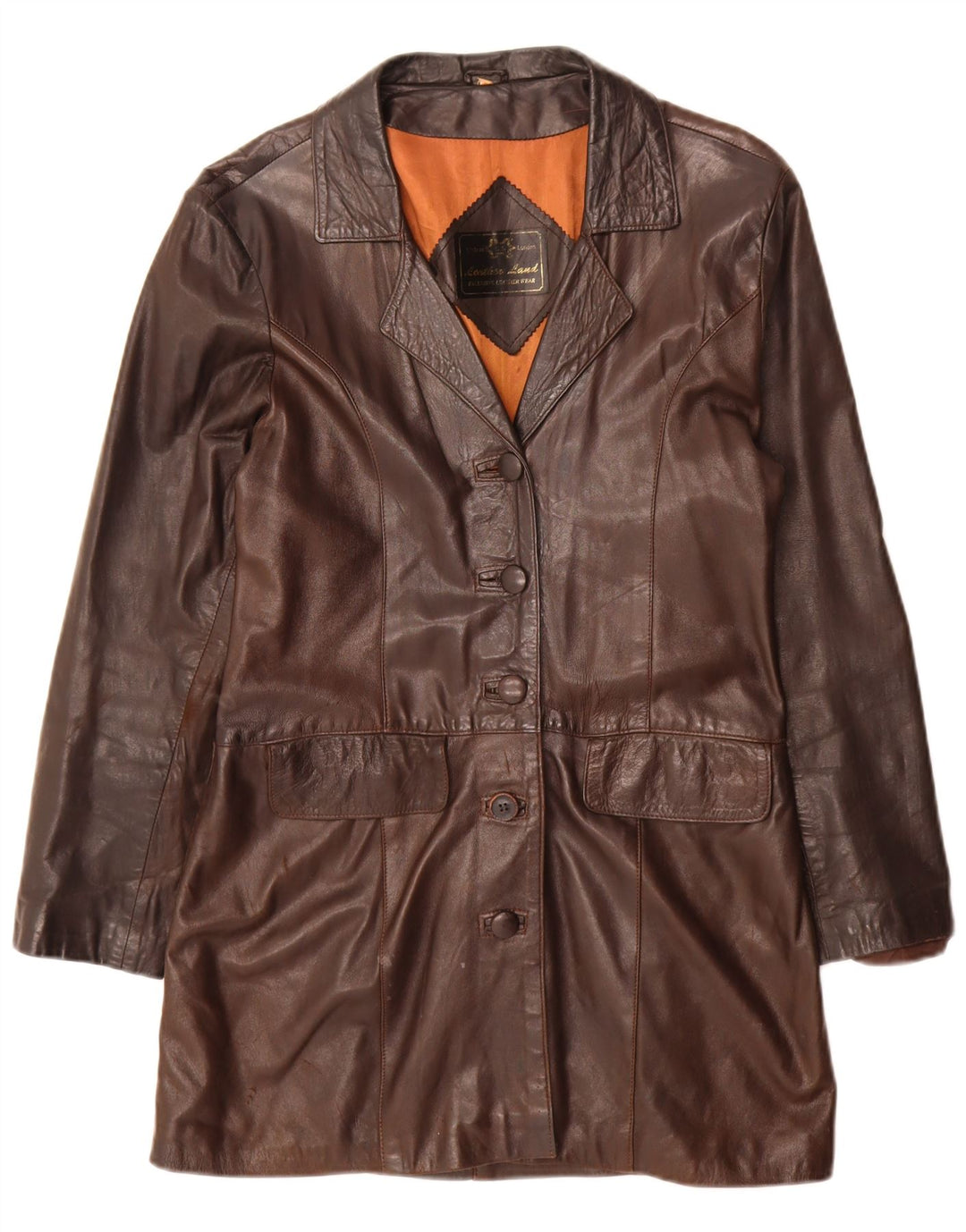 manteau en cuir femme vintage UK 14 Grand Marron