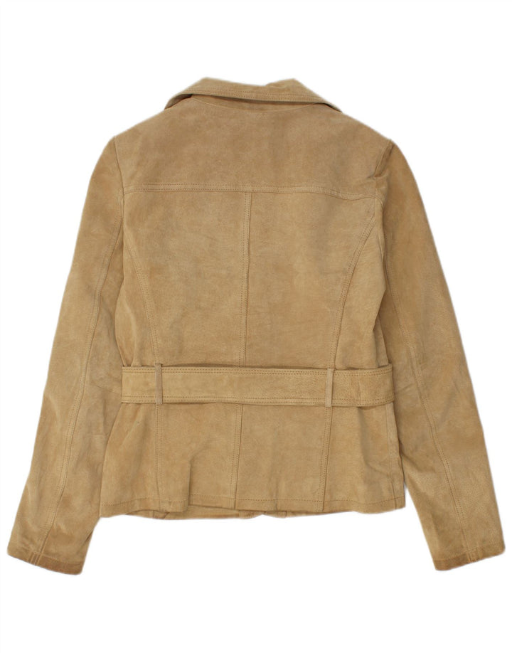 Vintage Femme 2 Boutons Blazer En Daim Veste UK 10 Petit Cuir Beige