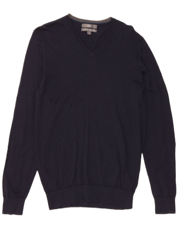 Marks & Spencer Pull col V pour homme en laine mérinos bleu marine moyen